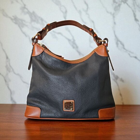Dooney & Bourke Handbags - Dooney & Bourke Erica Hobo Shoulder Bag Gray Pebble Leather Tan Trim Gold Logo